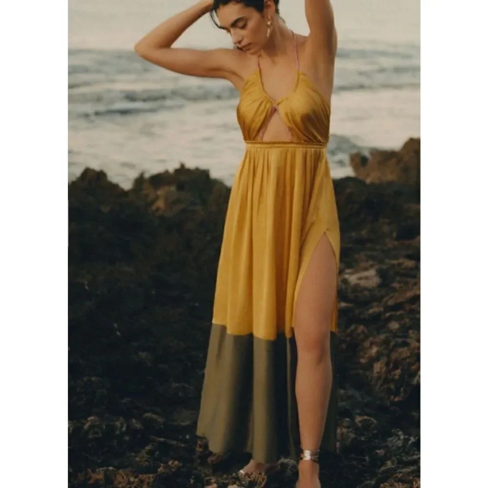 Anthropologie Silk Colorblocked Maxi Dress Gold Size 0 Nwot